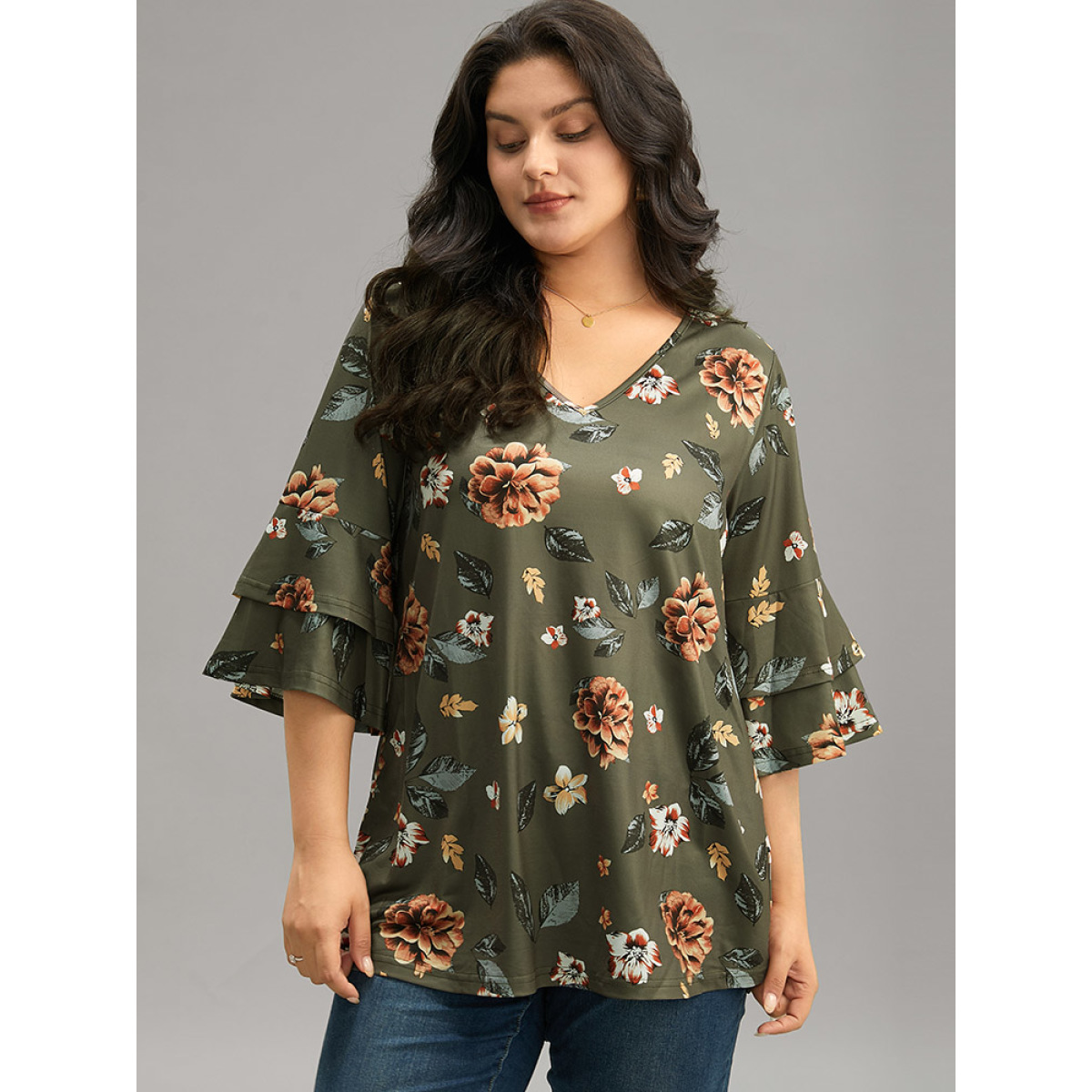 Plus Size Floral Print V Neck Ruffle Layered Sleeve T-shirt ArmyGreen V-neck Elbow-length sleeve Elegant Jersey Tops
Plus Size Floral Print V Neck Ruffle Layered Sleeve T-shirt ArmyGreen V-neck Elbow-length sleeve Elegant Jersey Tops