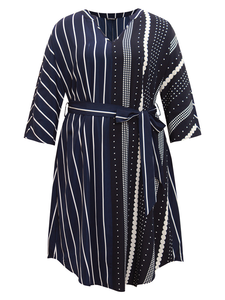 

Plus Size Striped Patchwork Polka Dot Belted Notched Dress DarkBlue Women Belted Notched collar Elbow-length sleeve Curvy Midi Dress BloomChic