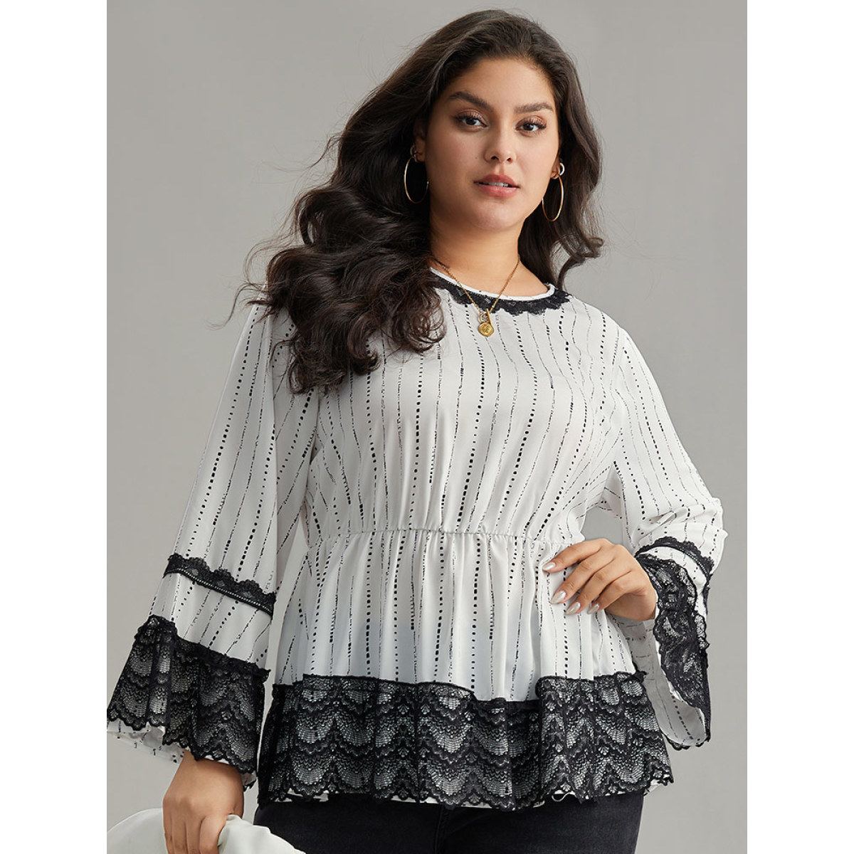 Plus Size White Dot Striped Contrast Lace Elastic Waist Blouse Women Elegant Long Sleeve Round Neck Dailywear Blouses BloomChic
Plus Size White Dot Striped Contrast Lace Elastic Waist Blouse Women Elegant Long Sleeve Round Neck Dailywear Blouses BloomChic