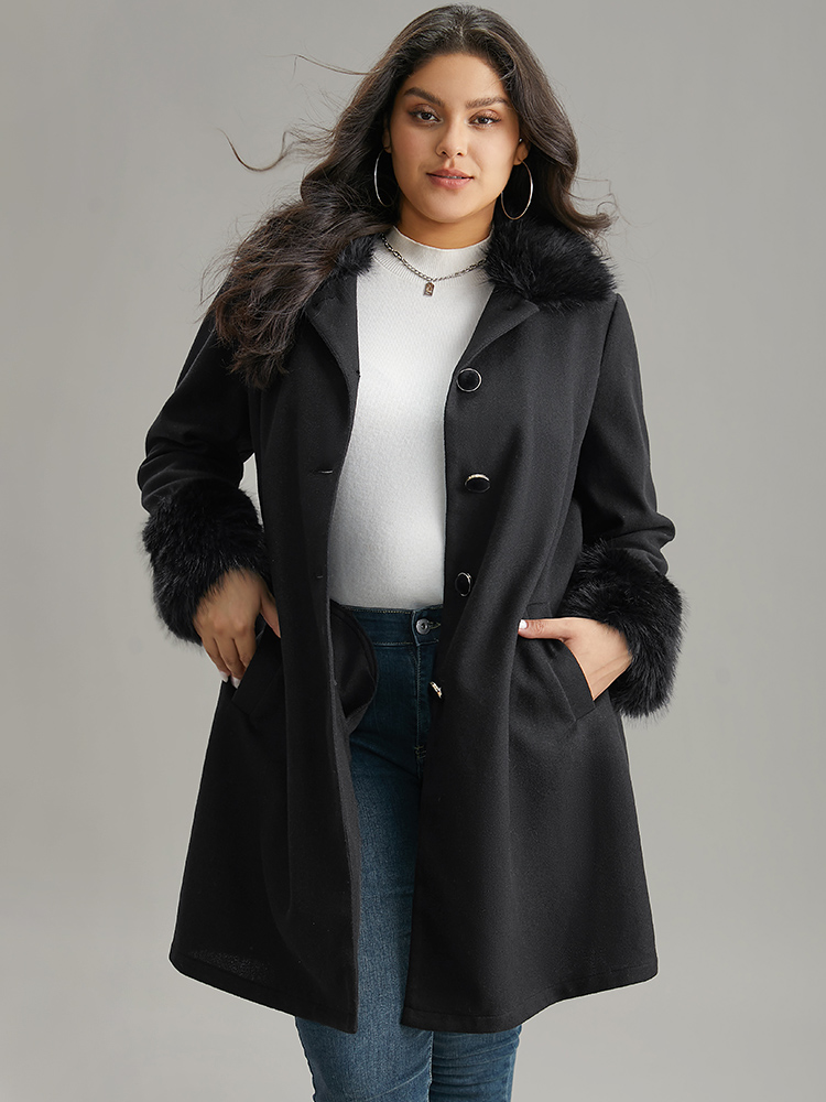 

Plus Size Solid Fuzzy Trim Button Through Belted Coat Women Black Casual Plain Ladies Dailywear Winter Coats BloomChic