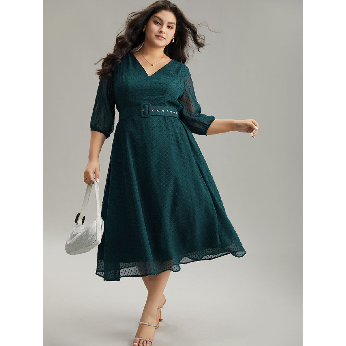 

Plus Size Solid Texture Pocket Belted Mesh Patchwork Dress Aegean Women Elastic cuffs V-neck Elbow-length sleeve Curvy Midi Dress BloomChic