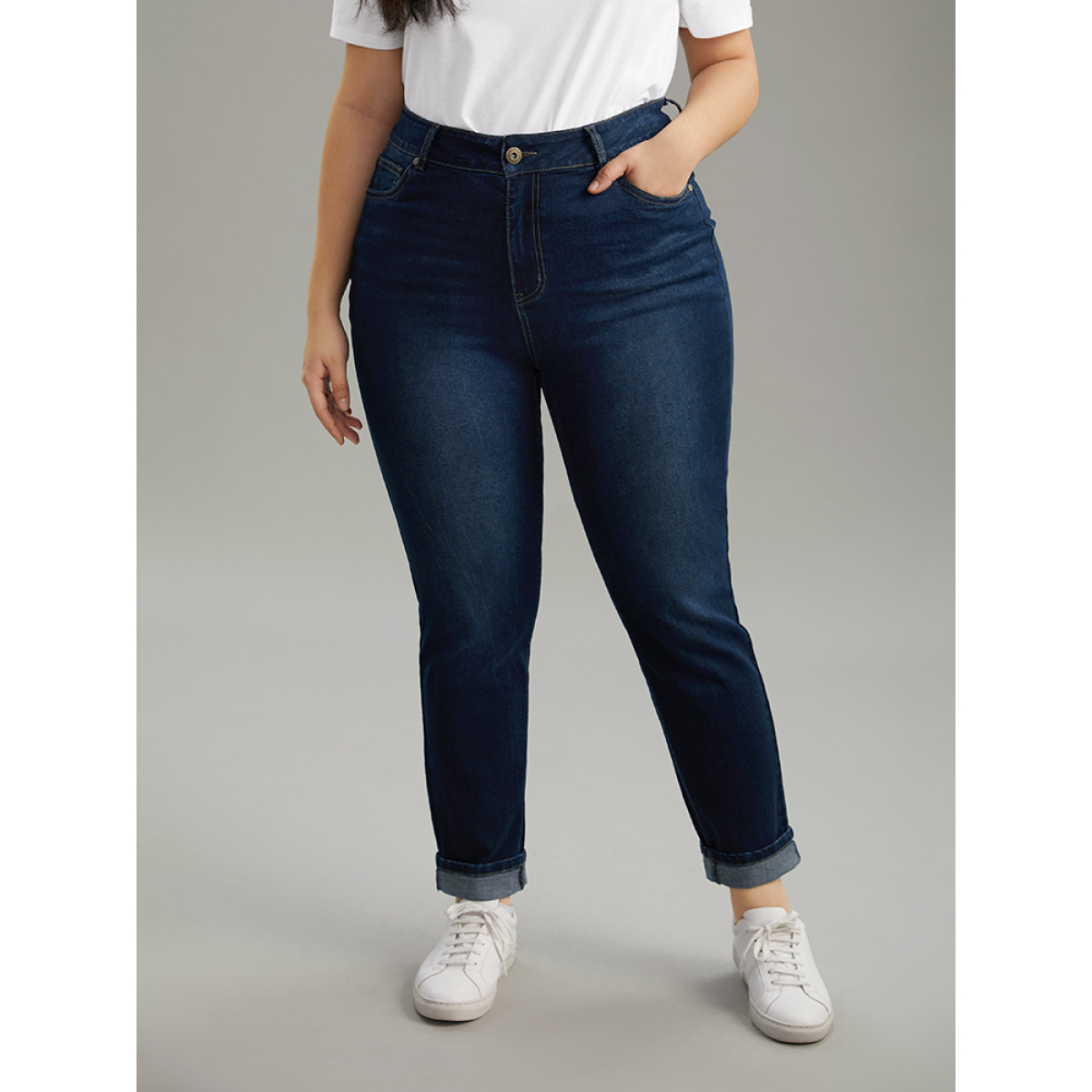 

Plus Size Cutoff Roll Hem Full Length Jeans Women DarkBlue Casual Plain Plain High stretch Pocket Jeans BloomChic