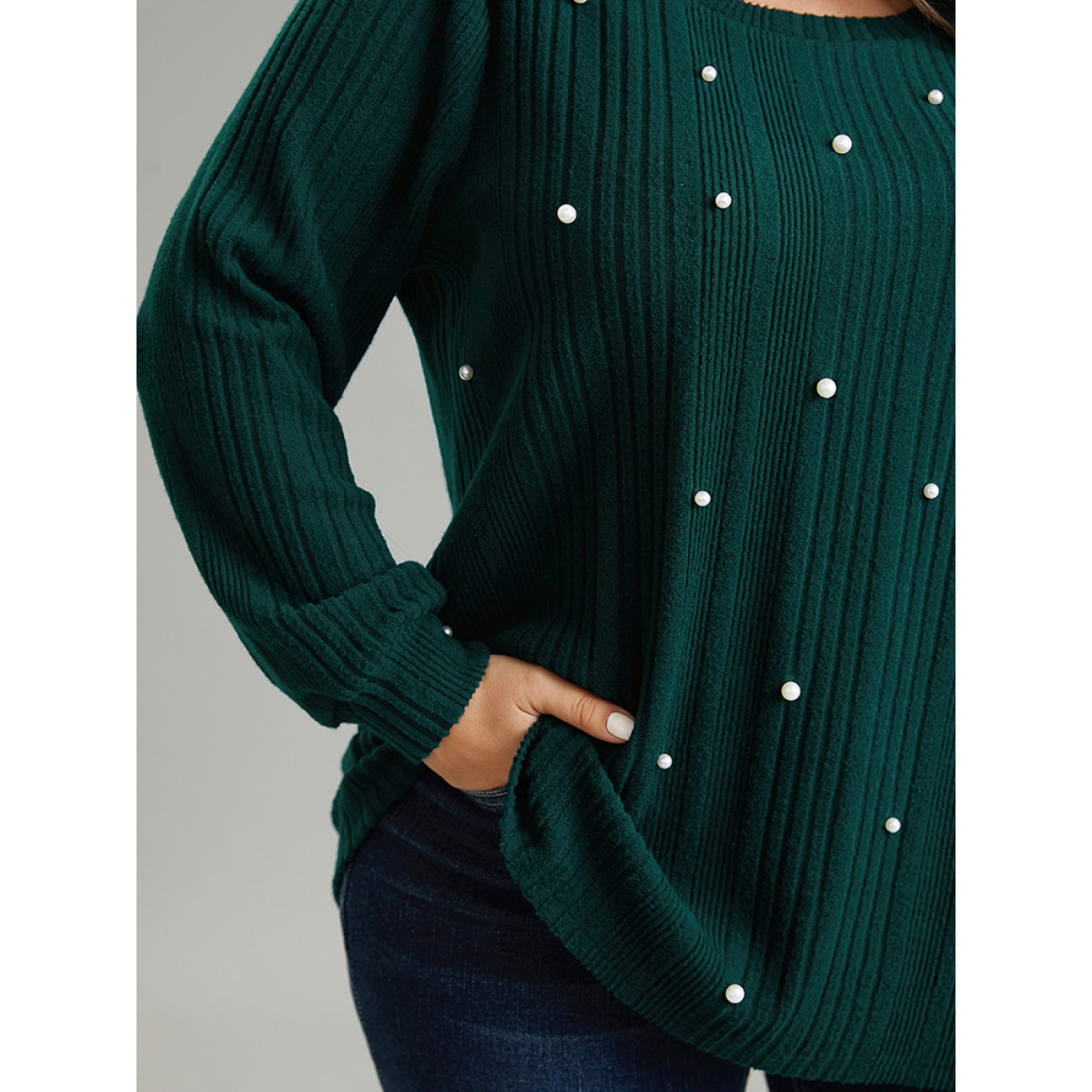 

Plus Size Plain Rib Knit Pearl Beaded Sweatshirt Women DarkGreen Elegant Texture Round Neck Dailywear Sweatshirts BloomChic