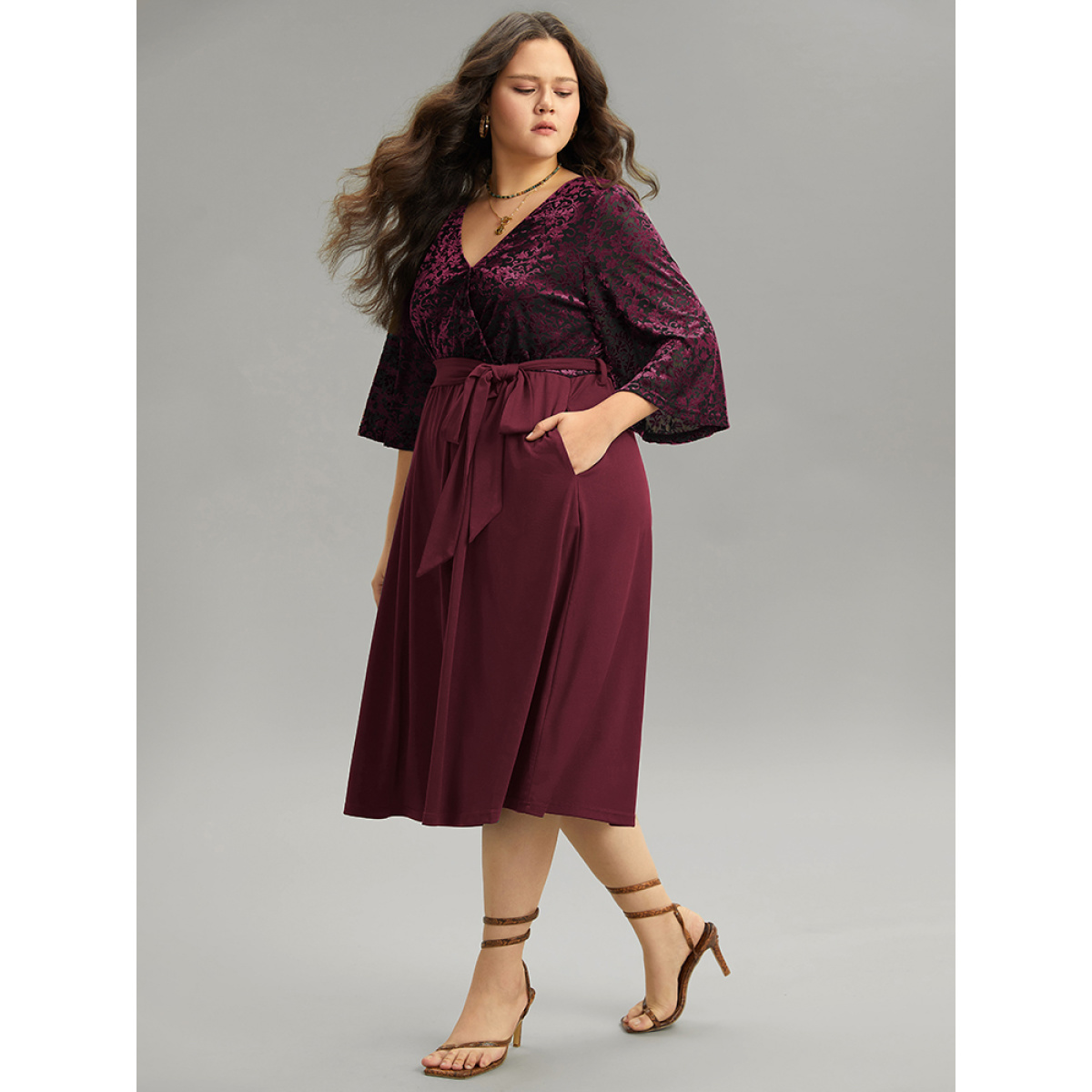 

Plus Size Silhouette Floral Print Belted Patchwork Velvet Dress Burgundy Women Wrap Overlap Collar Elbow-length sleeve Curvy Midi Dress BloomChic