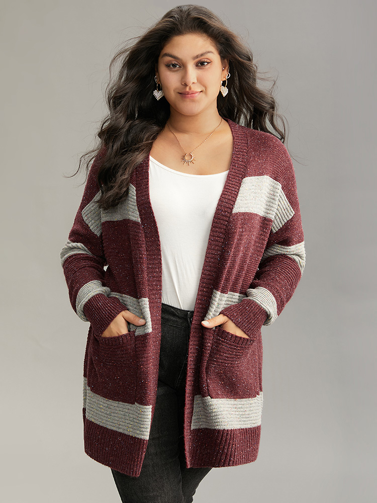 

Plus Size Colorblock Patched Pocket Open Front Cardigan Burgundy Women Casual Loose Long Sleeve Dailywear Cardigans BloomChic