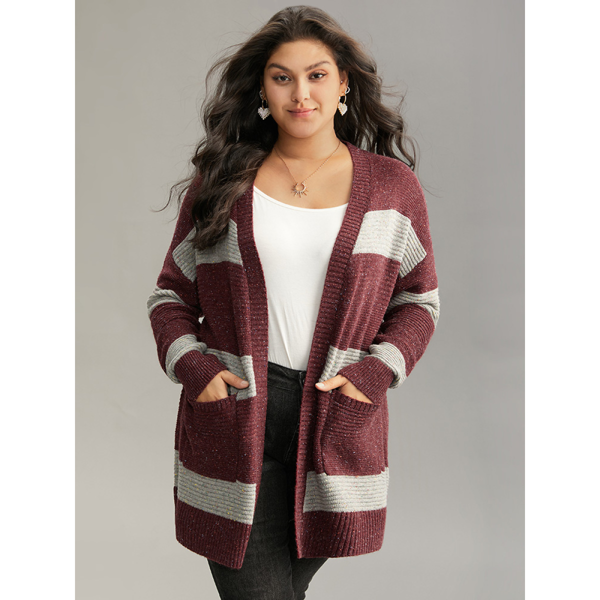 

Plus Size Colorblock Patched Pocket Open Front Cardigan Burgundy Women Casual Loose Long Sleeve Dailywear Cardigans BloomChic