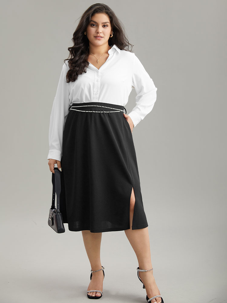 

Plus Size Plain Pearl Beaded Detail Split Side Skirt Women Black Office Style accents No stretch Belt Work Skirts BloomChic