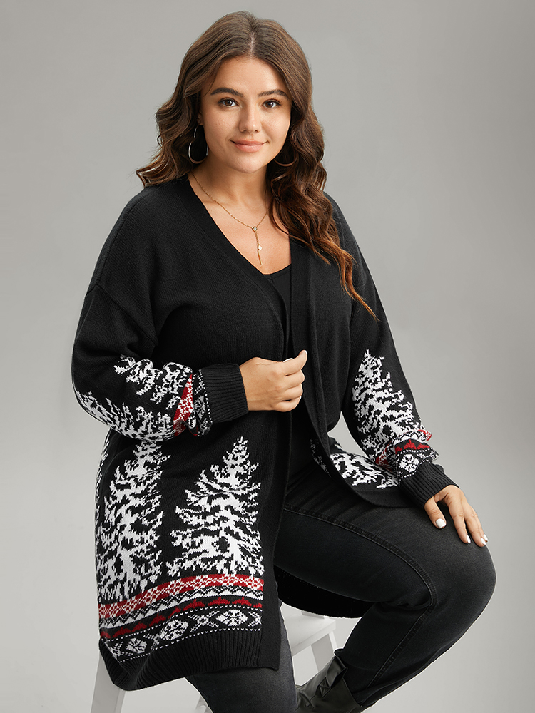 

Plus Size Christmas Trees Contrast Cardigan Black Women Casual Loose Long Sleeve Festival-Christmas Cardigans BloomChic