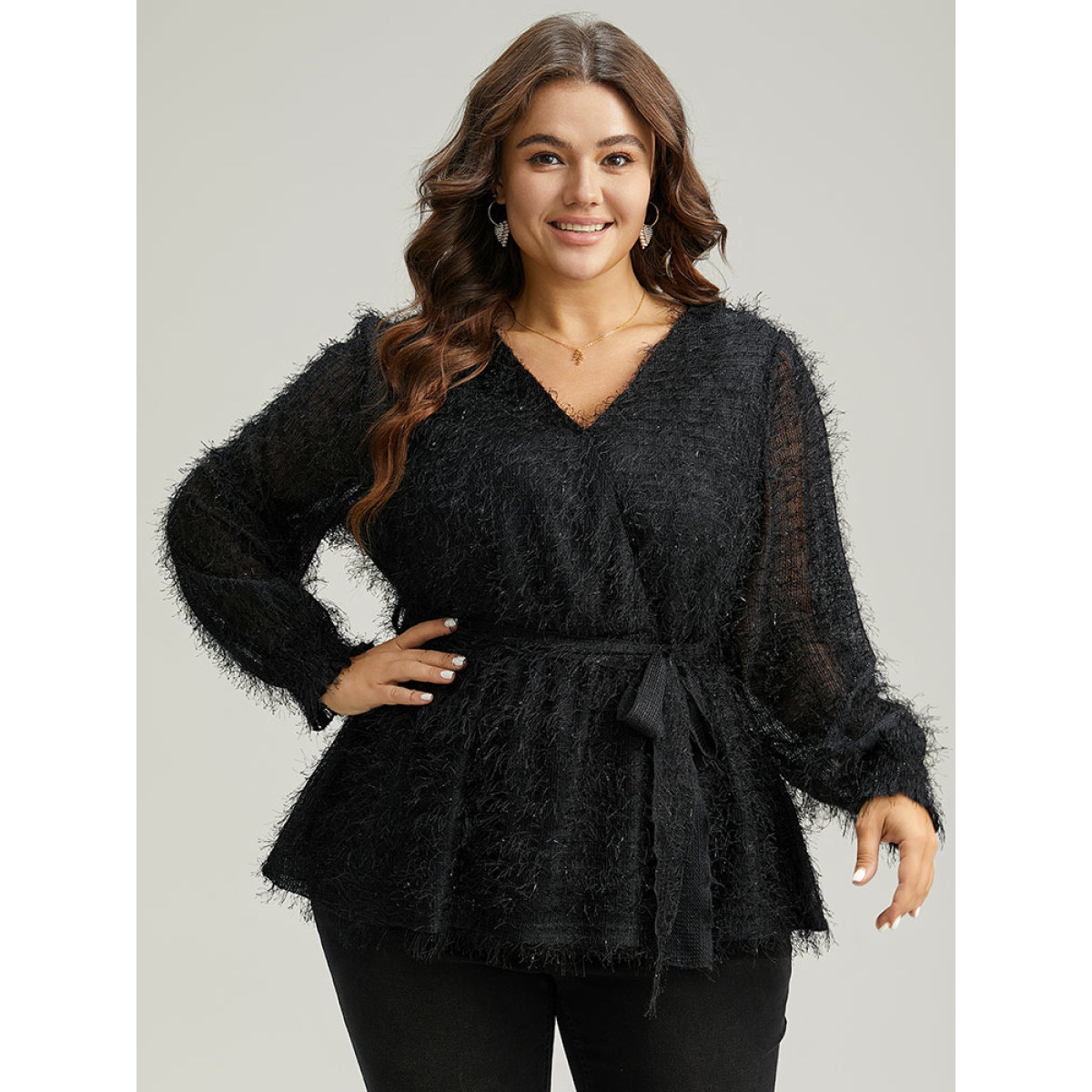 

Plus Size Black Solid Tassel Mesh Patchwork Belted Wrap Blouse Women Glamour Long Sleeve Overlap Collar Festival-Christmas Blouses BloomChic