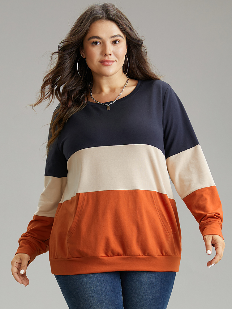 

Plus Size Colorblock Contrast Crew Neck Kangaroo Pocket Sweatshirt Women Multicolor Casual Contrast Round Neck Dailywear Sweatshirts BloomChic