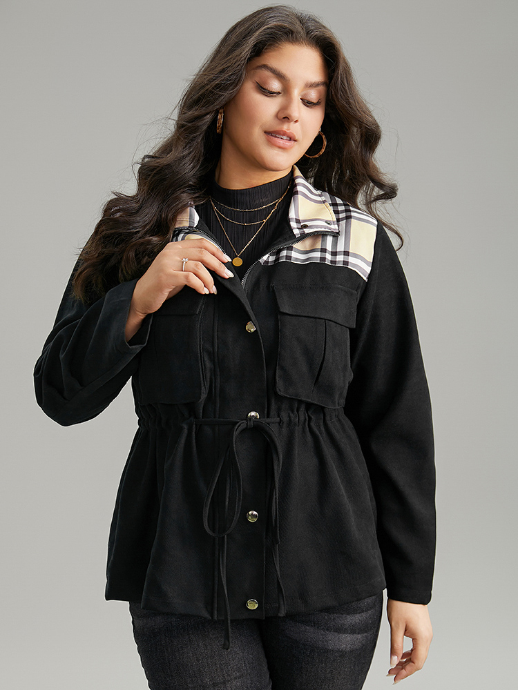 

Plus Size Plaid Patchwork Drawstring Zipper Fly Flap Pocket Coat Women Black Casual Contrast Ladies Everyday Winter Coats BloomChic