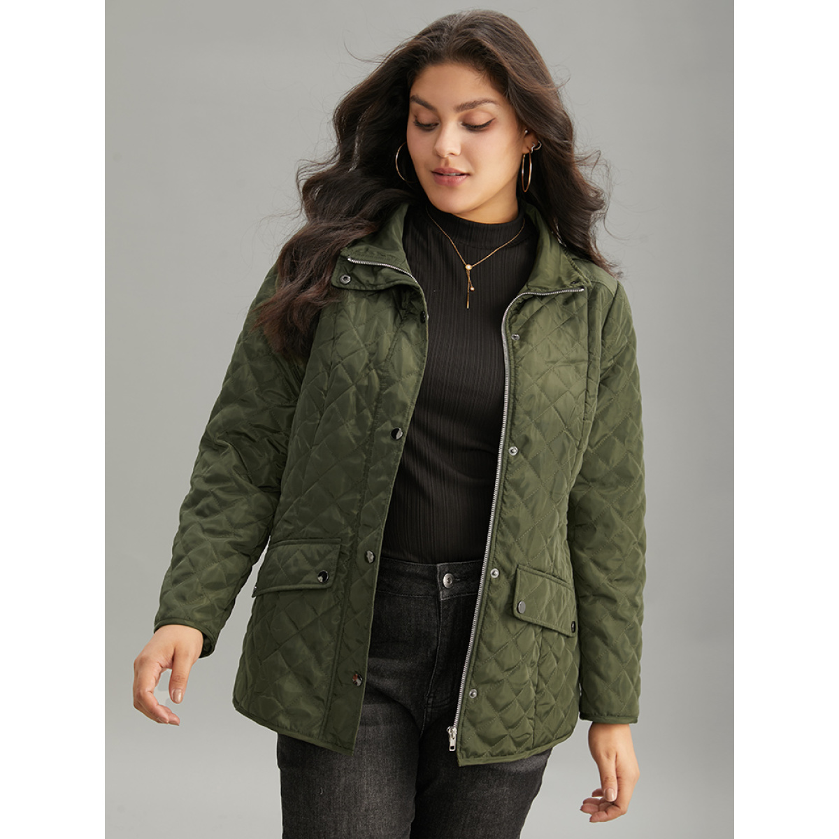 

Plus Size Argyle Plaid Flap Pocket Zipper Fly Coat Women ArmyGreen Casual Texture Ladies Dailywear Winter Coats BloomChic