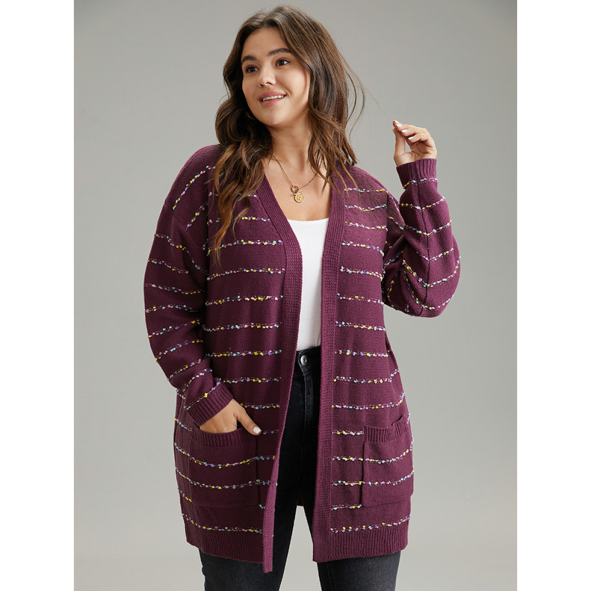 

Plus Size Heather Rainbow Striped Open Front Cardigan Burgundy Women Casual Loose Long Sleeve Everyday Cardigans BloomChic