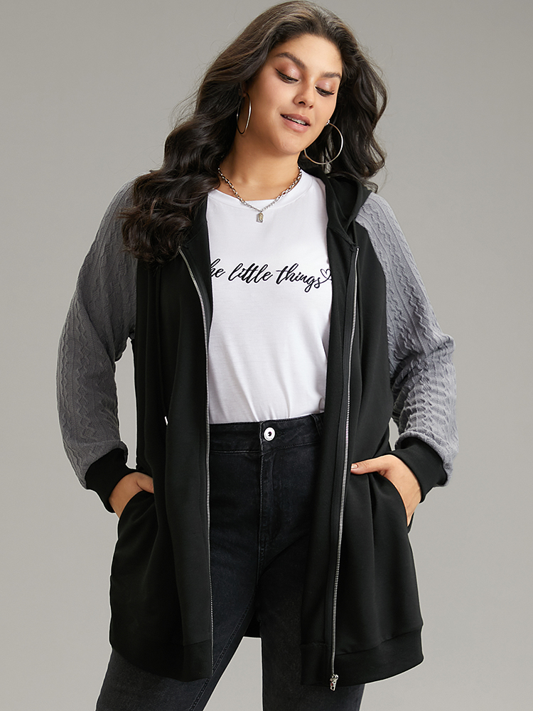 

Plus Size Textured Contrast Zipper Hooded Drawstring Sweatshirt Women Black Casual Rib Knit Hooded Dailywear Sweatshirts BloomChic