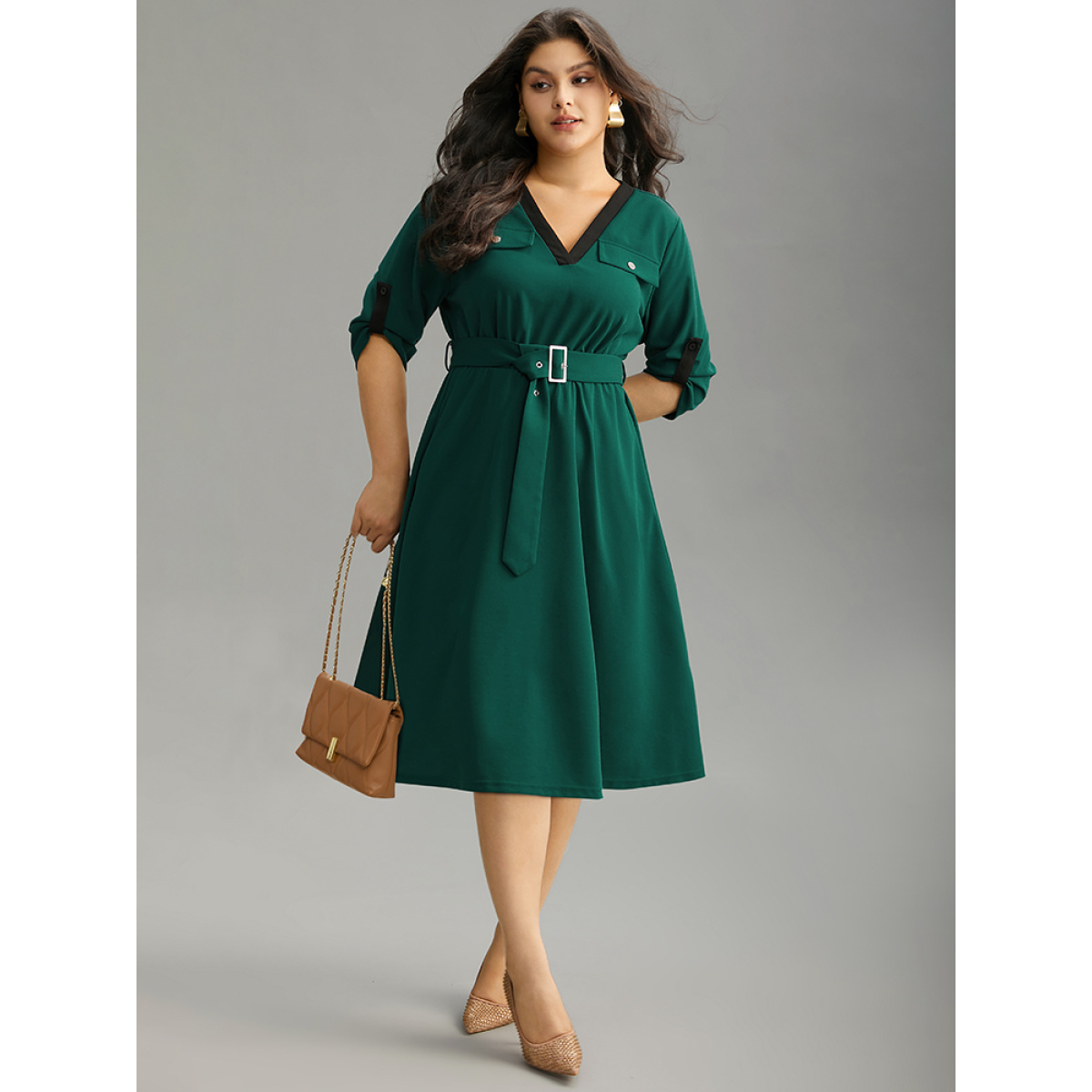 

Plus Size Solid Contrast Trim Belted Flap Detail Dress Emerald Women Gathered V-neck Elbow-length sleeve Curvy Midi Dress BloomChic