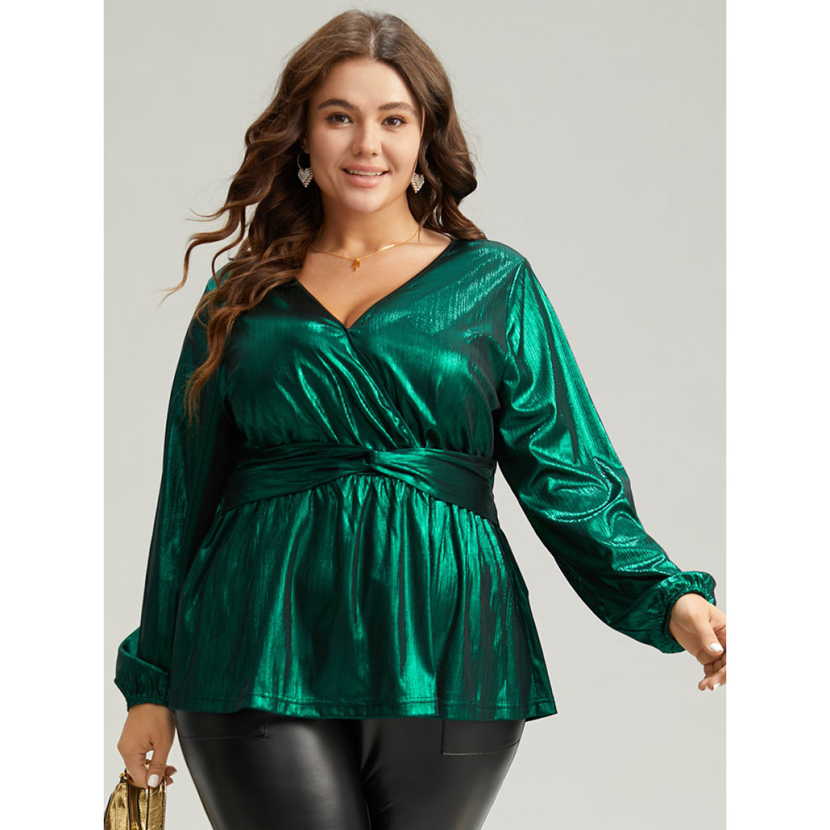 

Plus Size Emerald Solid Wrap Twist Front Gathered Blouse Women Glamour Long Sleeve Overlap Collar Festival-Christmas Blouses BloomChic