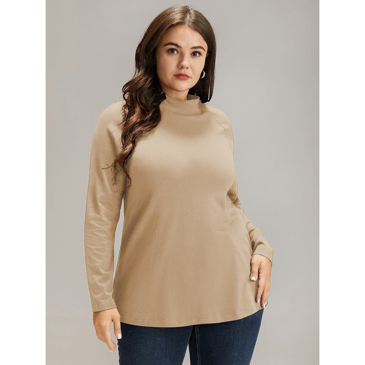 

Plus Size Cotton Mock Neck Raglan Sleeve T-shirt Apricot Women Elegant Plain Plain Mock Neck Dailywear T-shirts BloomChic
