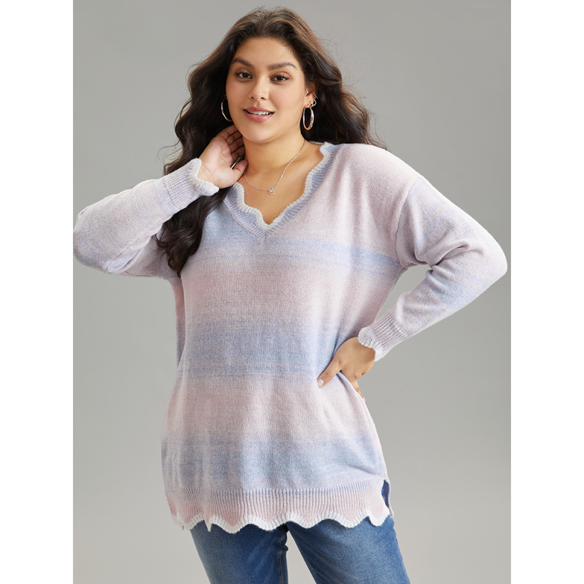 

Plus Size Anti-Pilling Ombre Heather Scalloped Trim Pullover Crepe Women Casual Loose Long Sleeve V-neck Dailywear Pullovers BloomChic