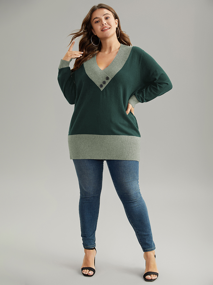 

Plus Size Supersoft Essentials Contrast Deep V Neck Button Detail Pullover DarkGreen Women Casual Long Sleeve Deep V-neck Everyday Pullovers BloomChic