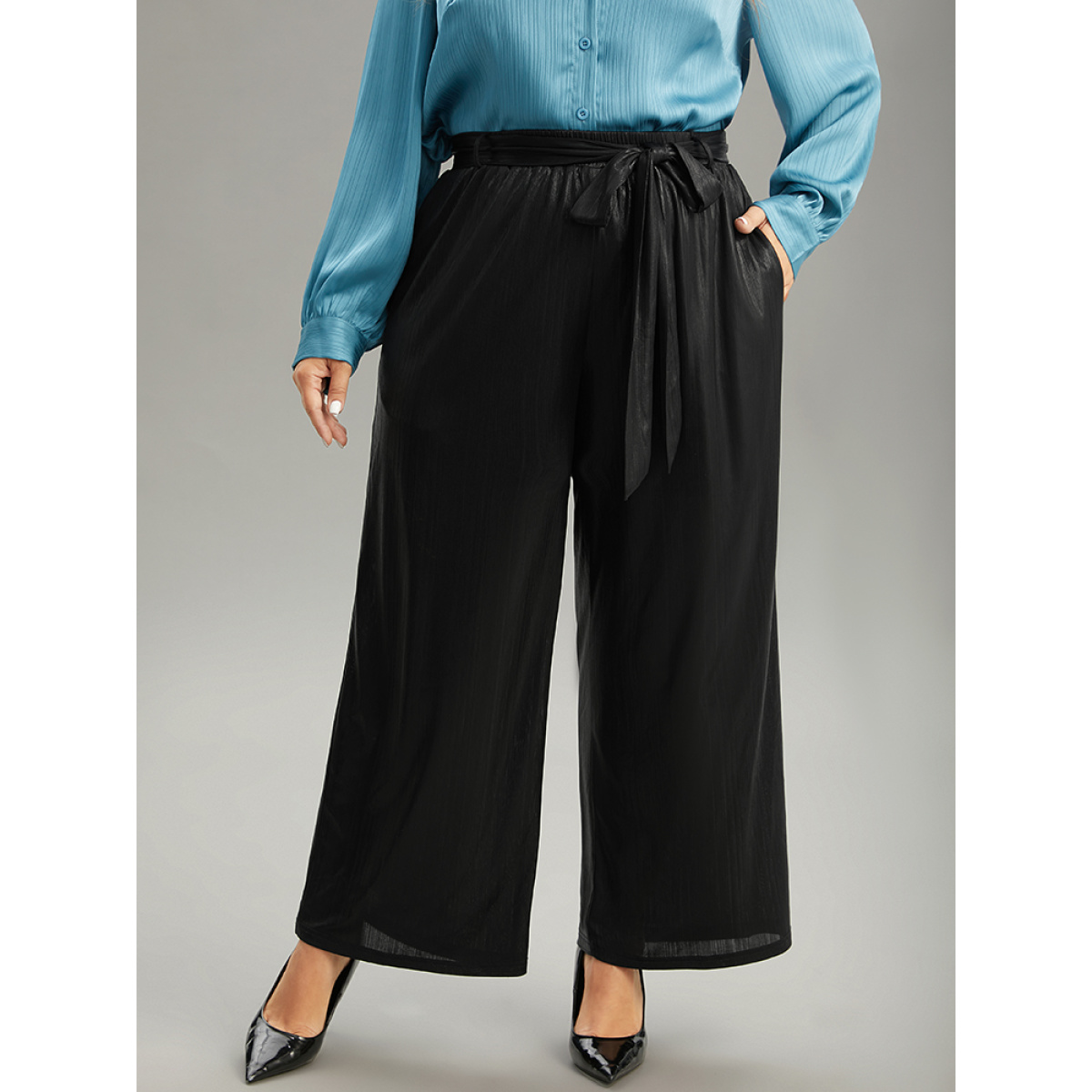 

Plus Size Plain Texture Belted High Rise Wide Leg Pants Women Black Glamour Wide Leg High Rise Party Pants BloomChic