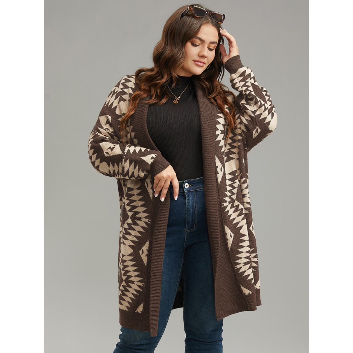 

Plus Size Anti-Pilling Supersoft Essentials Geo Lapel Collar Cardigan DarkBrown Women Casual Loose Long Sleeve Everyday Cardigans BloomChic