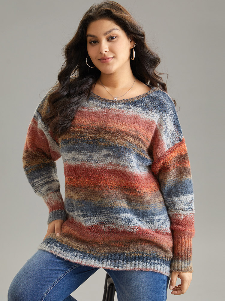 

Plus Size Heather Colorblock Contrast Drop Shoulder Pullover Multicolor Women Casual Loose Long Sleeve Round Neck Everyday Pullovers BloomChic