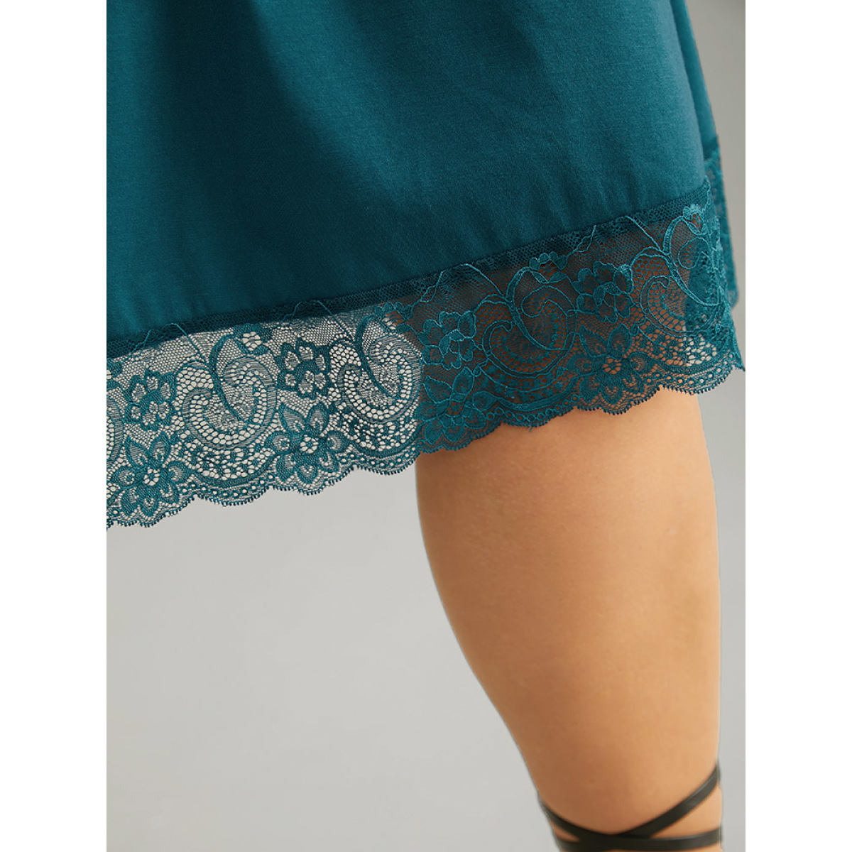

Plus Size Solid Guipure Lace Ruched Elastic Waist Dress Cerulean Women Gathered V-neck Elbow-length sleeve Curvy Midi Dress BloomChic