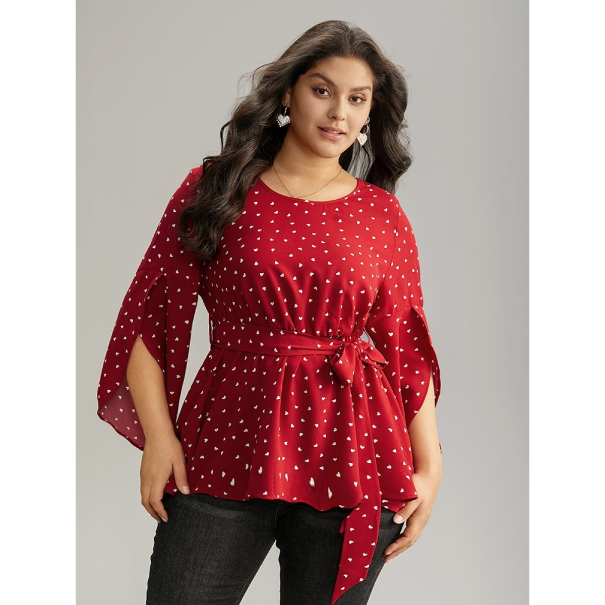 

Plus Size Red Heart Print Belted Petal Sleeve High Low Hem Blouse Women Elegant Elbow-length sleeve Round Neck Everyday Blouses BloomChic