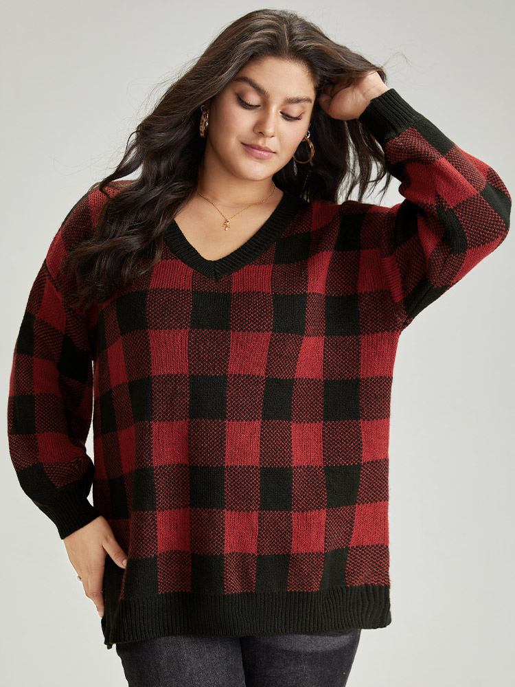 

Plus Size Plaid V Neck Lantern Sleeve Loose Pullover Burgundy Women Casual Loose Long Sleeve V-neck Dailywear Pullovers BloomChic