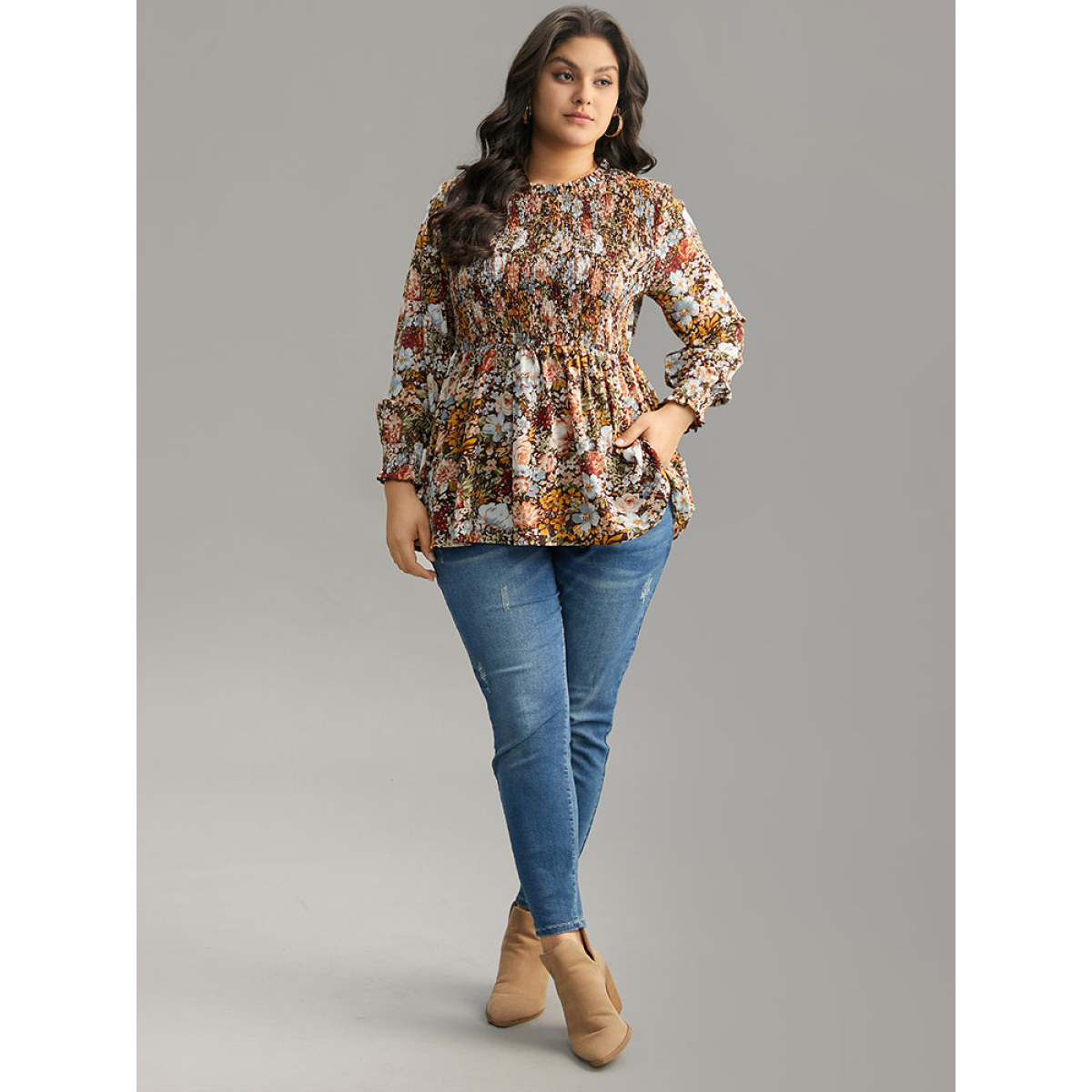 Plus Size DarkBrown Floral Shirred Frill Trim Stand Collar Blouse Women Elegant Long Sleeve Stand-up collar Dailywear Blouses BloomChic
Plus Size DarkBrown Floral Shirred Frill Trim Stand Collar Blouse Women Elegant Long Sleeve Stand-up collar Dailywear Blouses BloomChic