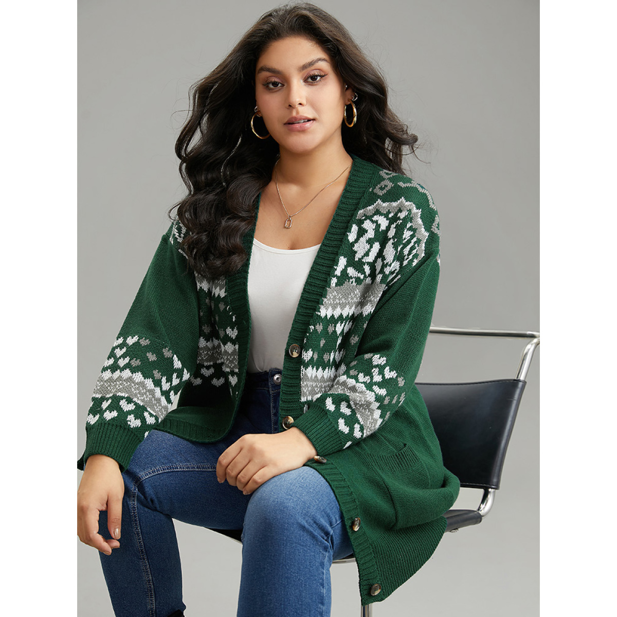 

Plus Size Christmas Jacquard Button Up Pocket Cardigan DarkGreen Women Casual Loose Long Sleeve Festival-Christmas Cardigans BloomChic