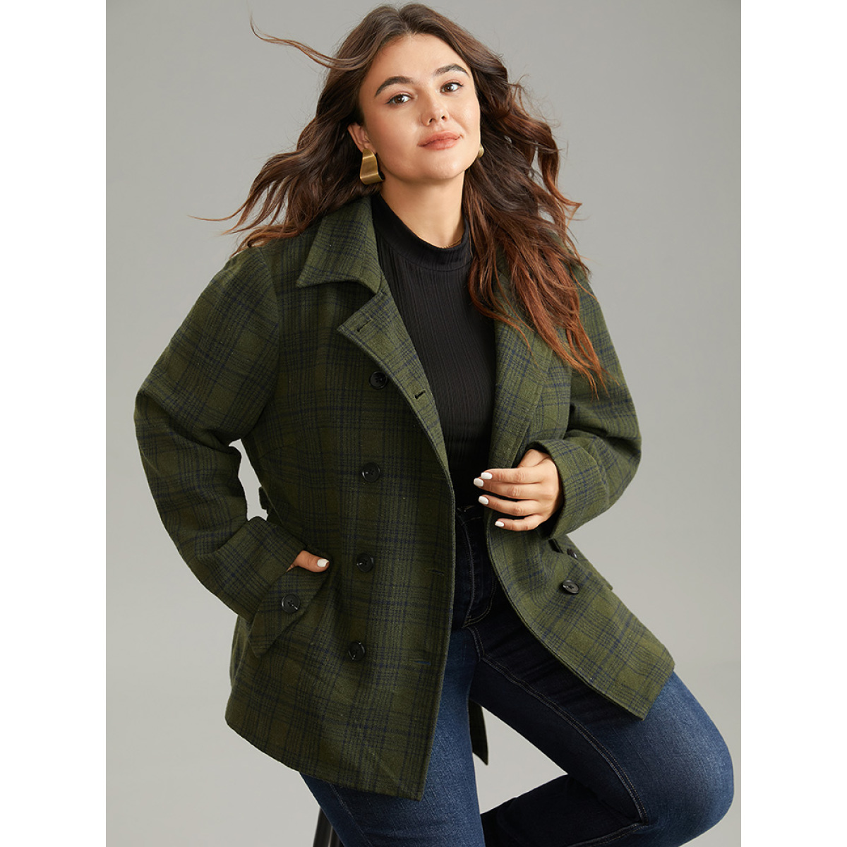 

Plus Size Plaid Lapel Collar Double Breasted Belted Coat Women ArmyGreen Casual Lined Ladies Dailywear Winter Coats BloomChic