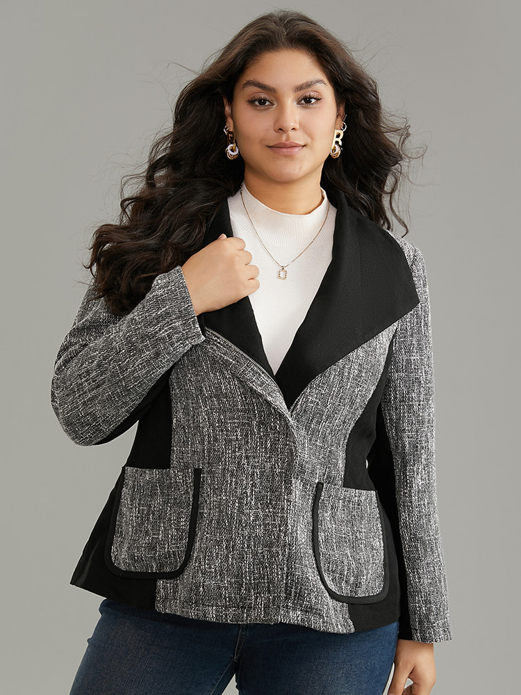 

Plus Size Contrast Patchwork Zipper Lapel Collar Tweed Coat Women DimGray Casual Lined Ladies Dailywear Winter Coats BloomChic