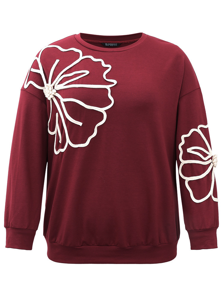 

Plus Size 3D Floral Applique Drop Shoulder Sweatshirt Women Burgundy Elegant Contrast Round Neck Dailywear Sweatshirts BloomChic
