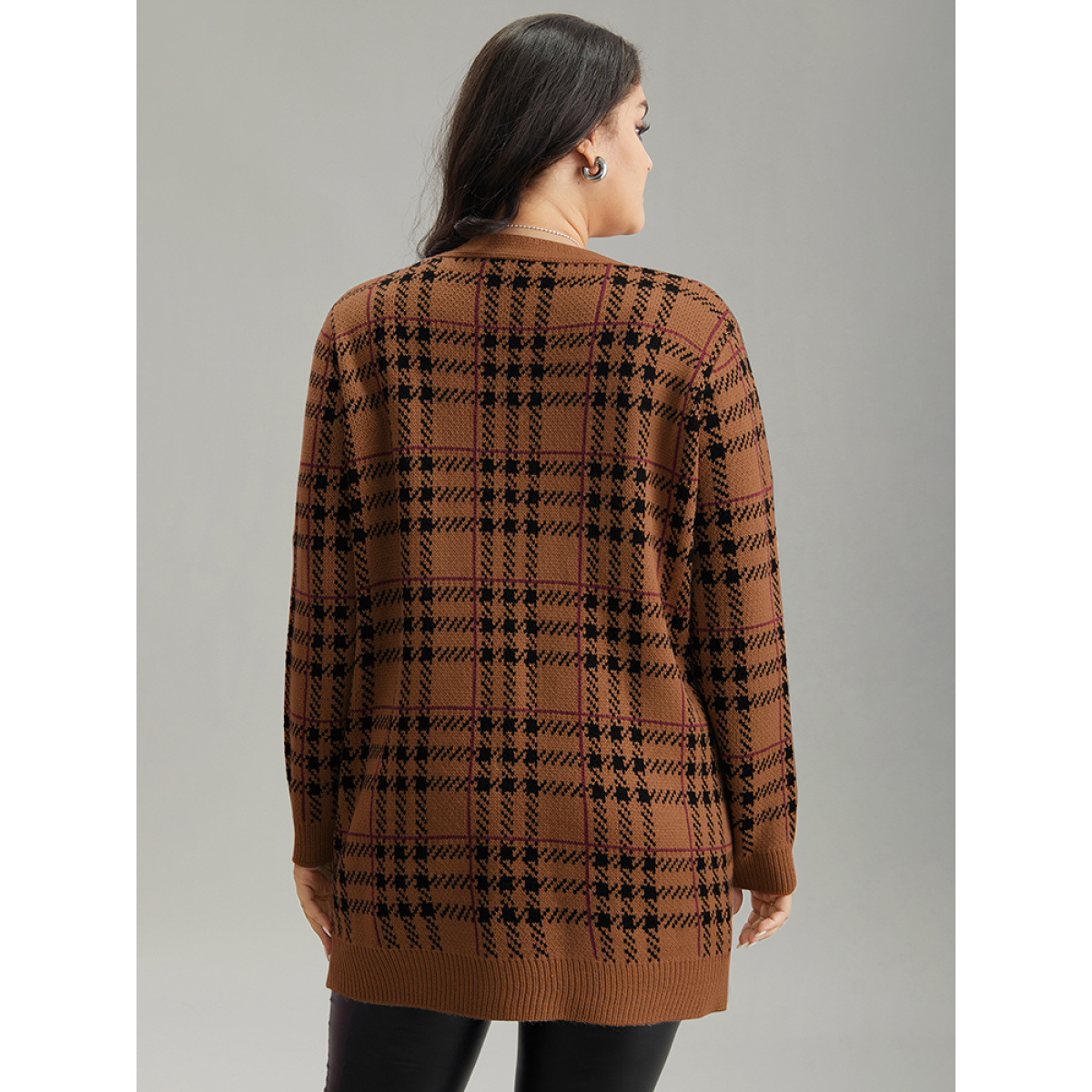 

Plus Size Plaid & Houndstooth Print Patched Pocket Cardigan DarkBrown Women Casual Loose Long Sleeve Dailywear Cardigans BloomChic