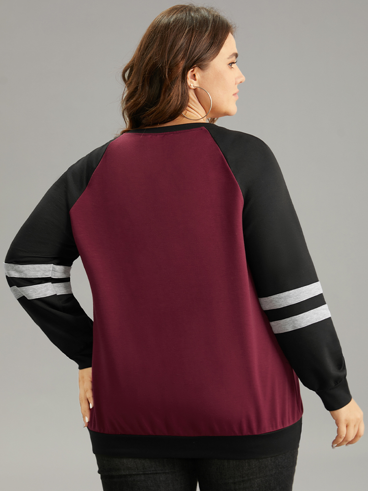 

Plus Size Striped Contrast Raglan Sleeve Stitch Sweatshirt Women Burgundy Casual Contrast Round Neck Everyday Sweatshirts BloomChic