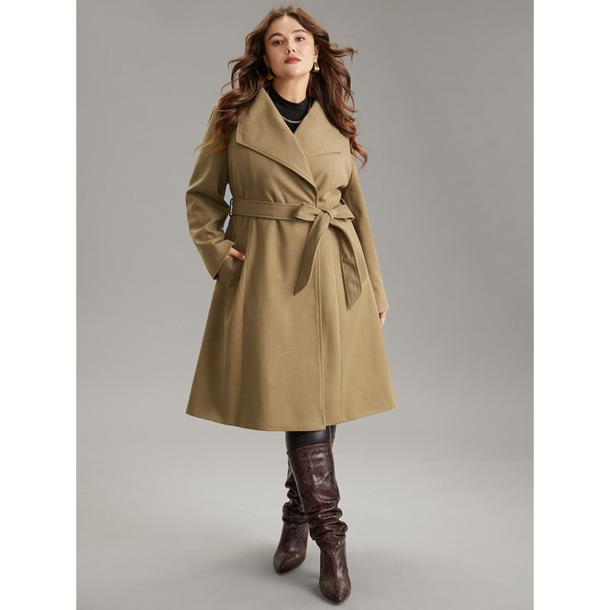 

Plus Size Plain Pocket Belted Lapel Collar Tunic Coat Women Bronze Elegant Lined Ladies Dailywear Winter Coats BloomChic