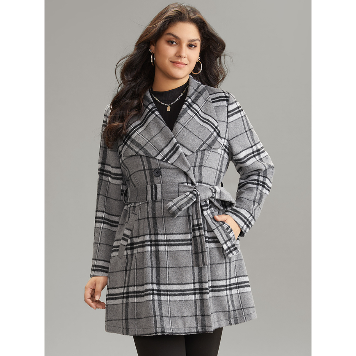 

Plus Size Plaid Button Up Pocket Belted Lapel Collar Coat Women Black Casual Lined Ladies Dailywear Winter Coats BloomChic