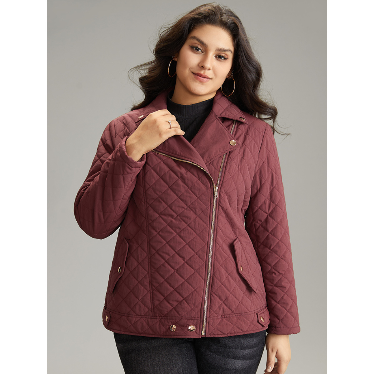 

Plus Size Zipper Fly Quilted Button Detail Lapel Collar Jacket Women Burgundy Texture Pocket Dailywear Jackets BloomChic