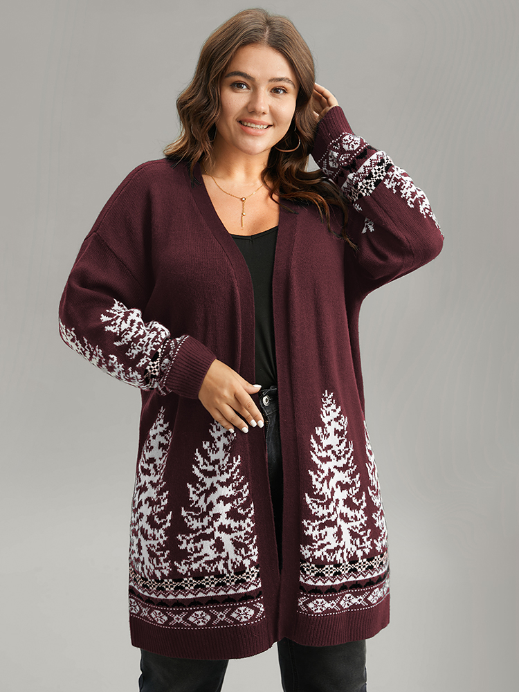 

Plus Size Christmas Trees Contrast Cardigan Scarlet Women Casual Loose Long Sleeve Festival-Christmas Cardigans BloomChic