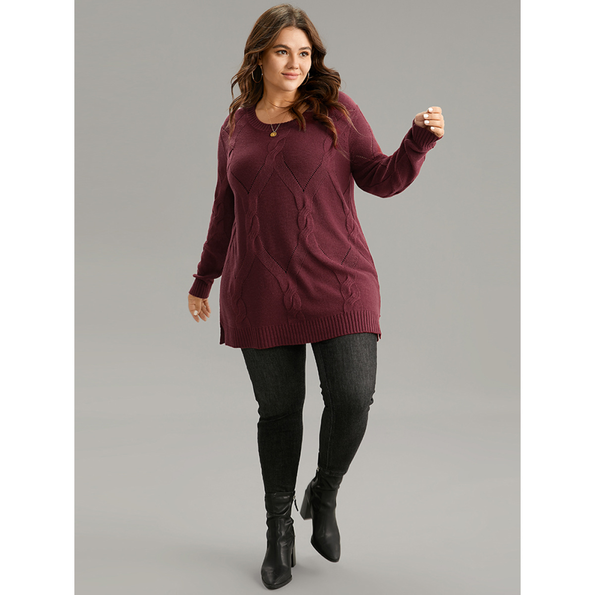 

Plus Size Eyelet Cable Knit Elastic Hem Pullover Burgundy Women Casual Loose Long Sleeve Round Neck Dailywear Pullovers BloomChic