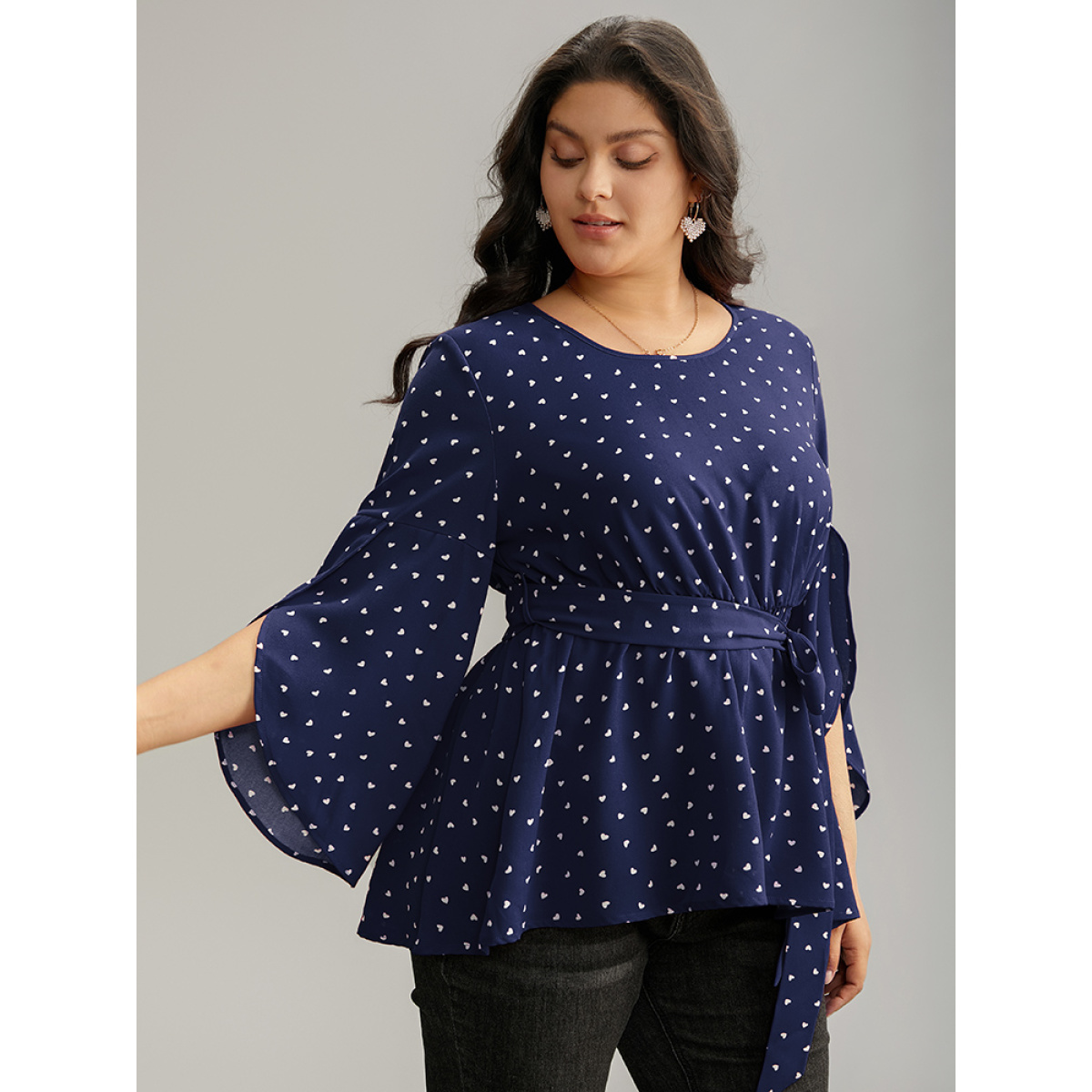 

Plus Size Indigo Heart Print Belted Petal Sleeve High Low Hem Blouse Women Elegant Elbow-length sleeve Round Neck Everyday Blouses BloomChic