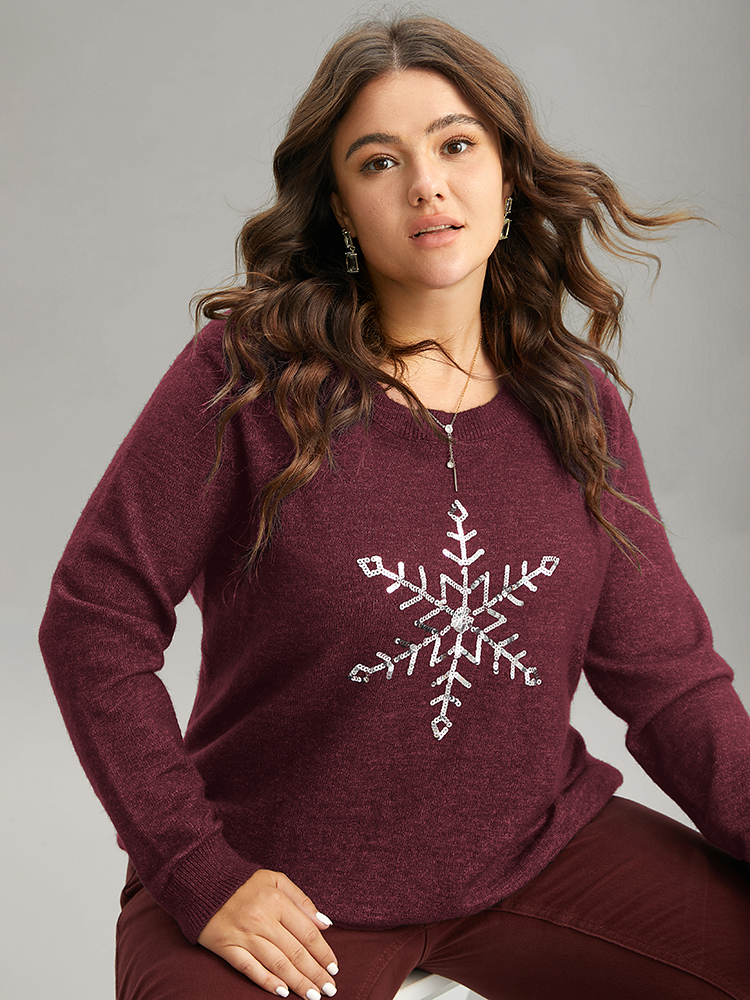 

Plus Size Anti-Pilling Sequin Snowflake Round Neck Pullover Burgundy Women Casual Loose Long Sleeve Round Neck Festival-Christmas Pullovers BloomChic