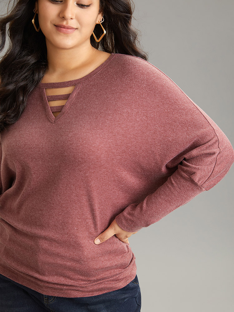 

Plus Size Solid Heather Keyhole Batwing Sleeve T-shirt Russet Women Casual Plain Plain Keyhole Cut-Out Everyday T-shirts BloomChic