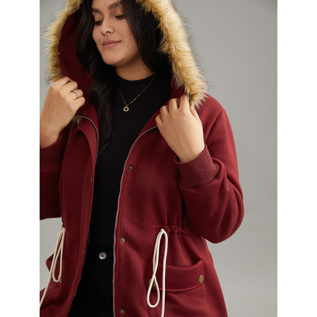

Plus Size Plian Drawstring Zipper Fuzzy Trim Hooded Coat Women Scarlet Casual Contrast Ladies Dailywear Winter Coats BloomChic