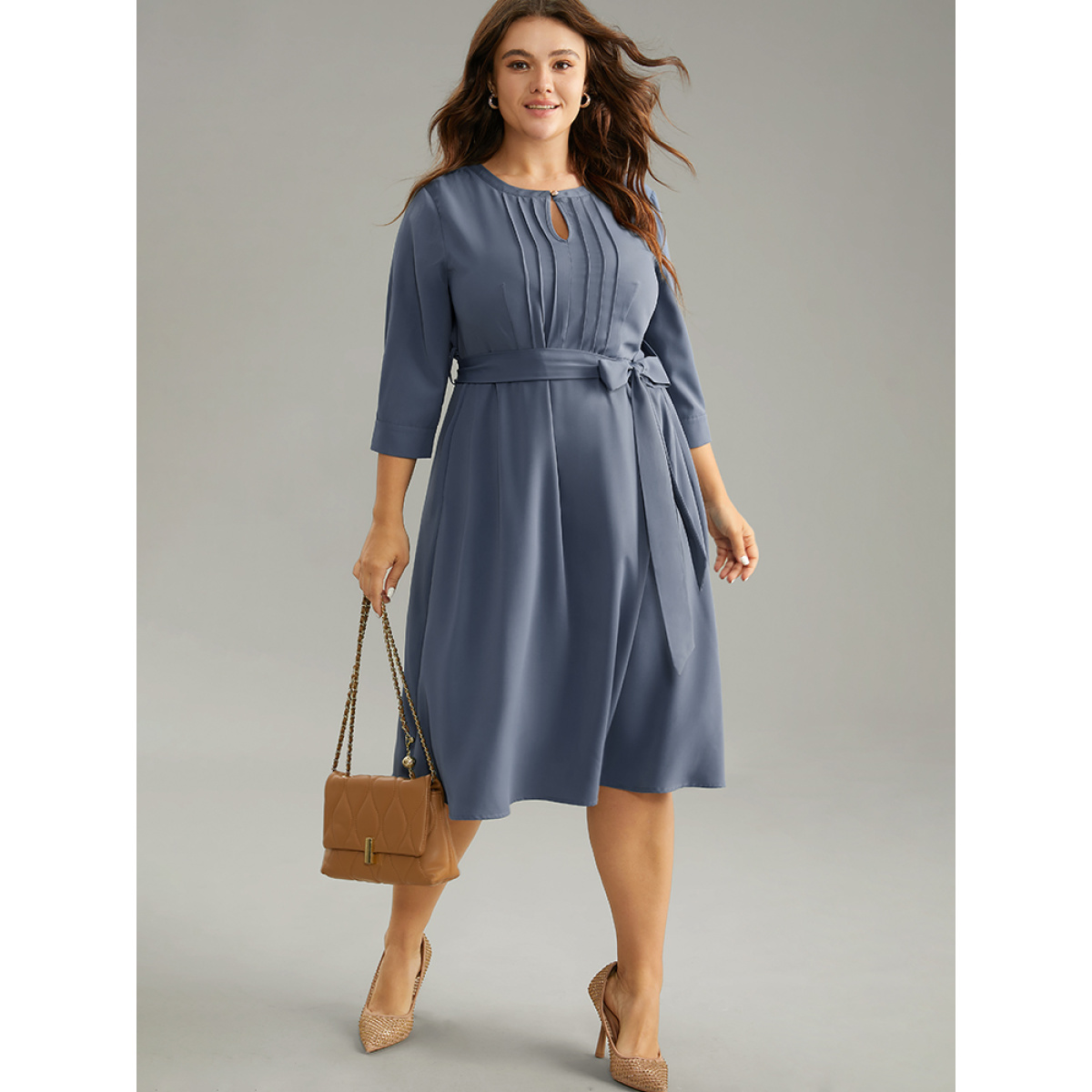 

Plus Size Anti-Wrinkle Solid Belted Pleated Keyhole Dress Stone Women Plain Keyhole Cut-Out Elbow-length sleeve Curvy Midi Dress BloomChic