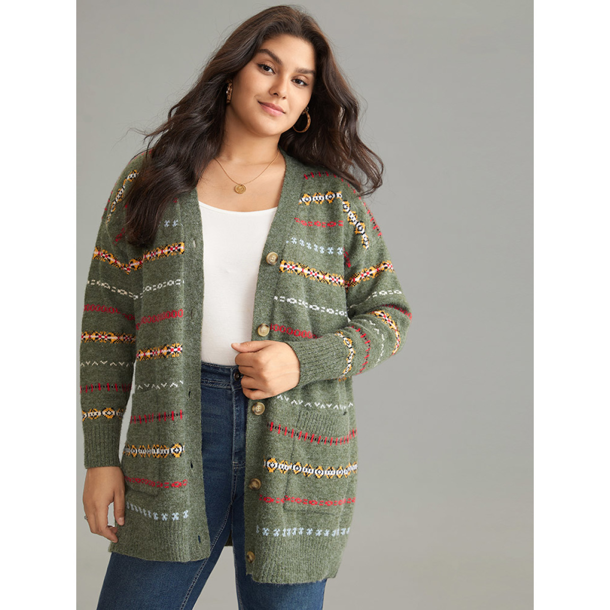 

Plus Size Anti-Pilling Contrast Striped Button Up Cardigan ArmyGreen Women Casual Loose Long Sleeve Dailywear Cardigans BloomChic