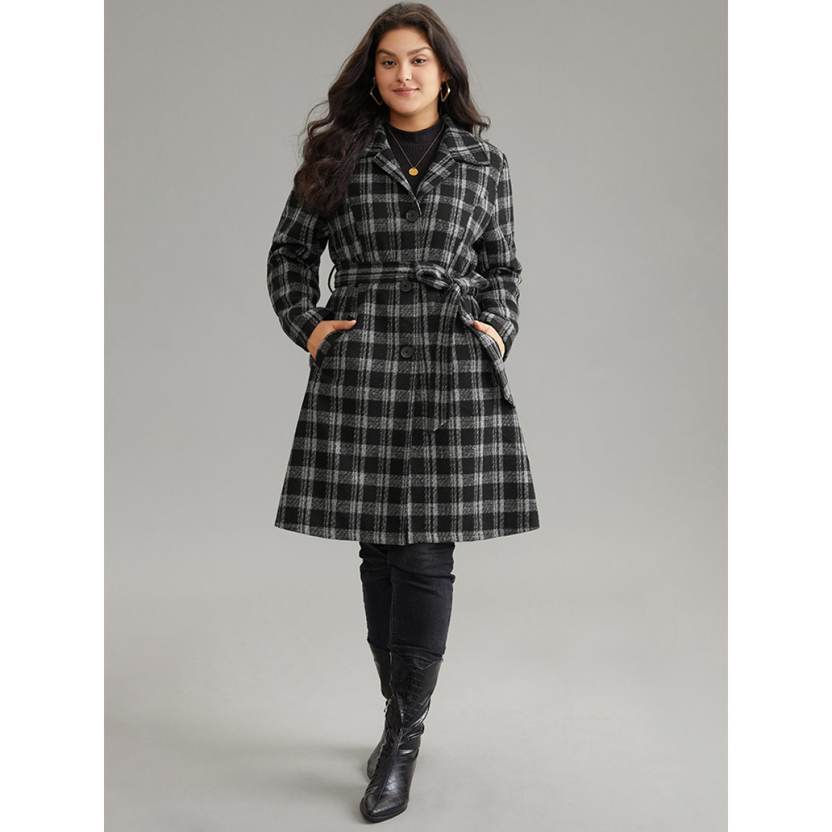 

Plus Size Plaid Button Up Belted Bowknot Maxi Coat Women Gray Elegant Lined Ladies Dailywear Winter Coats BloomChic