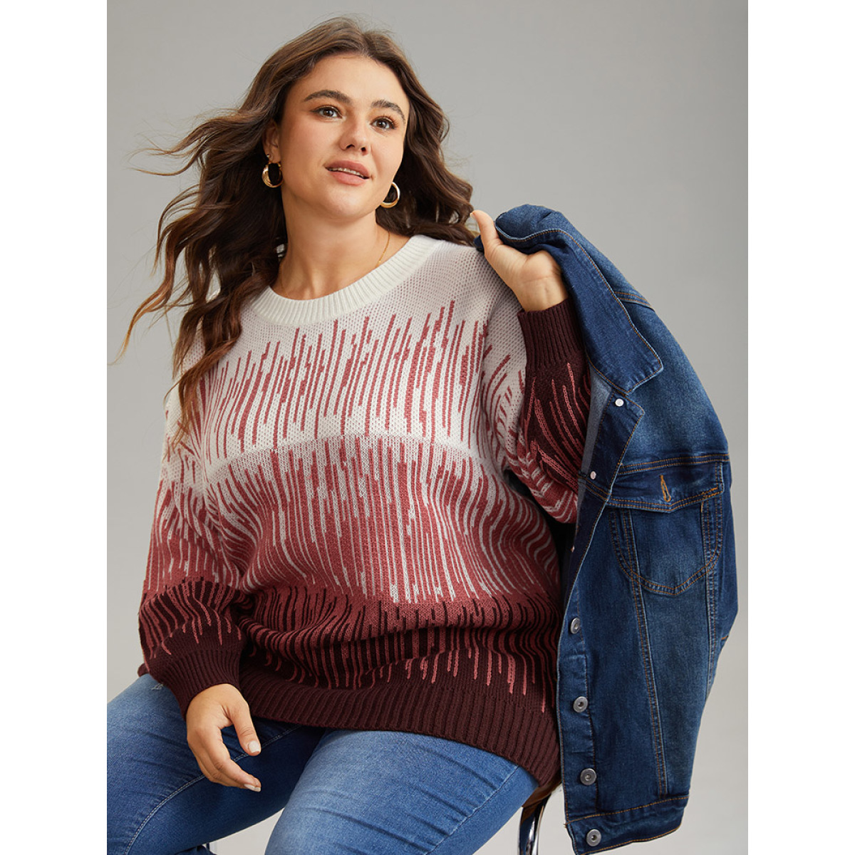 

Plus Size Geometric Colorblock Crew Neck Pullover Burgundy Women Casual Loose Long Sleeve Round Neck Dailywear Pullovers BloomChic