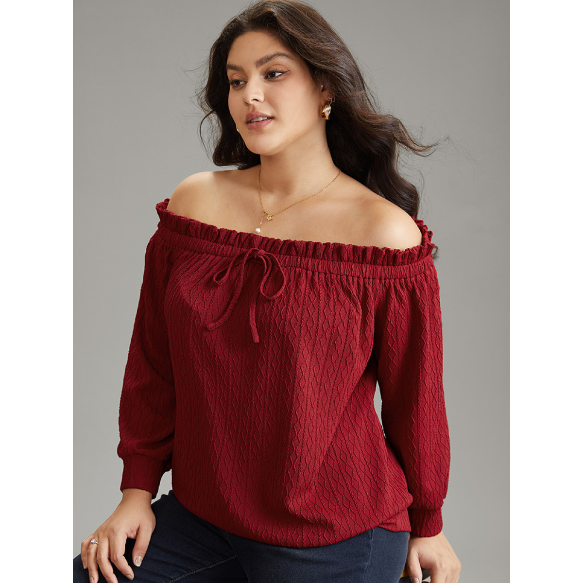 

Plus Size Off Shoulder Ties Frill Trim Jacquard T-shirt Burgundy Women Elegant Texture Plain One-shoulder neck Dailywear T-shirts BloomChic